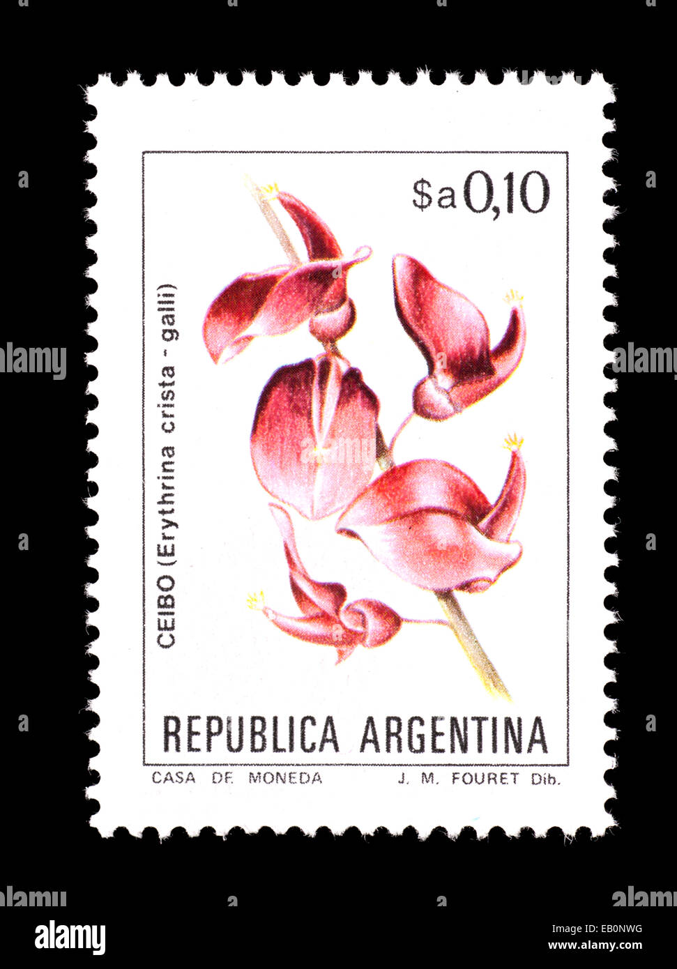 Postage stamp from Argentina depicting Cockspur Coral Tree (Erythrina crista-galli) Stock Photo