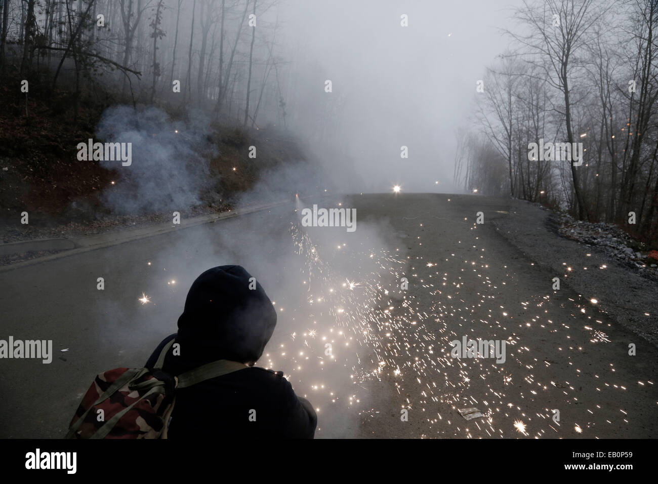 Skouries, Chalkidiki peninsula, Greece. 23rd November, 2014. Clashes between demonstrators and police during protest rally against gold mining in Skouries area on Mount Kakkavos in Chalkidiki peninsula, northern Greece on November 23, 2014. Credit:  Konstantinos Tsakalidis/Alamy Live News Stock Photo