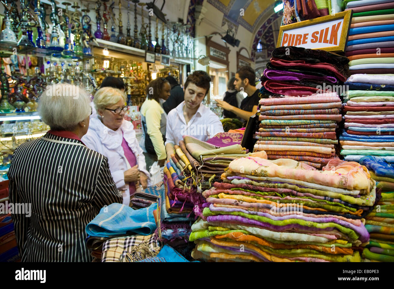 Silk cloth display at the Grand Bazaar, Istanbul, Turkey, Middle East
