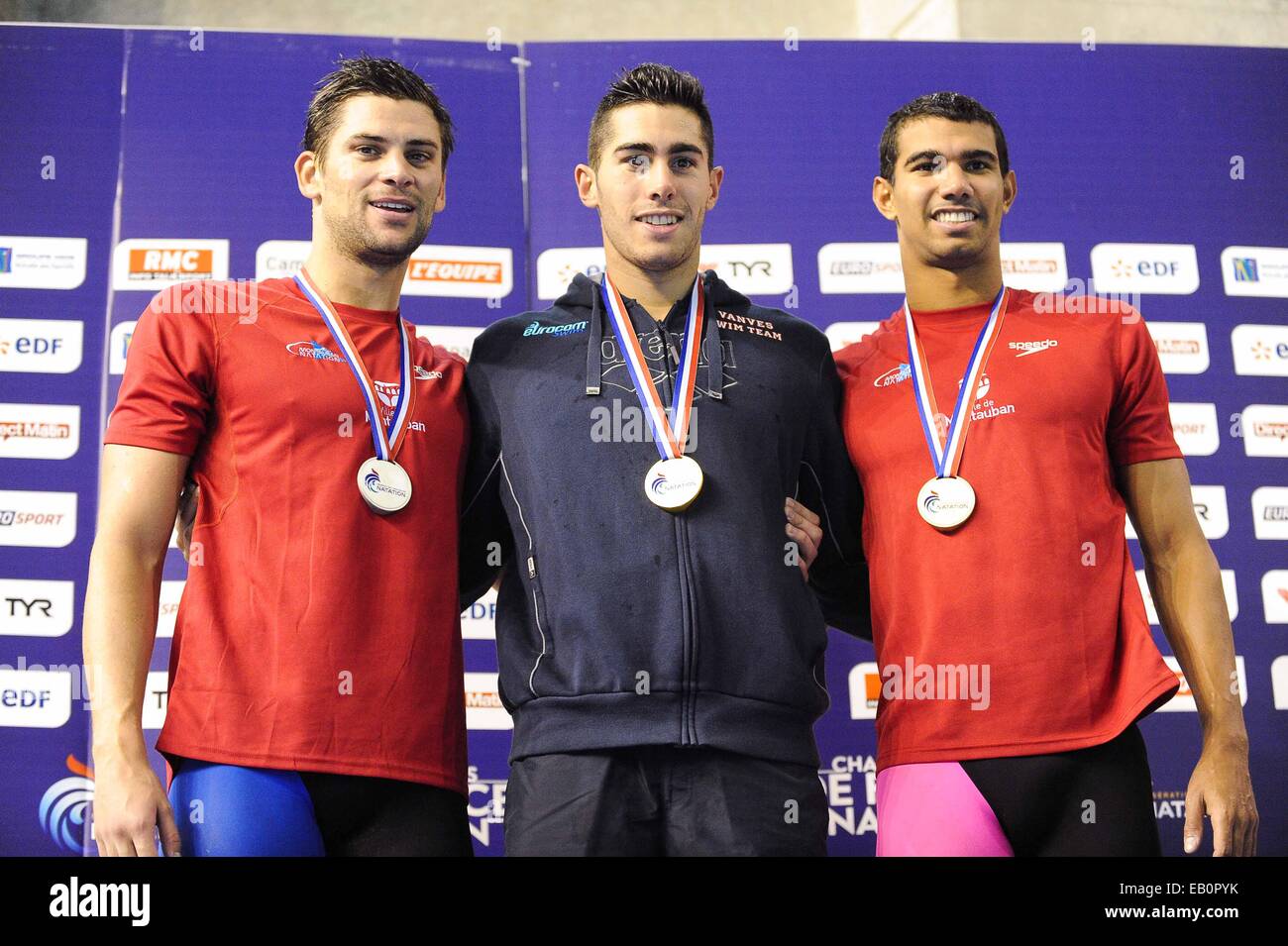 Thomas VILACECA/Jordan COELHO/Marvin MAISONNEUVE 200 M PAPILLON HOMMES -  22.11.2014 - Championnats de France - Petit Bassin -Montpellier Photo :  Jean Paul Thomas/Icon Sport Stock Photo - Alamy