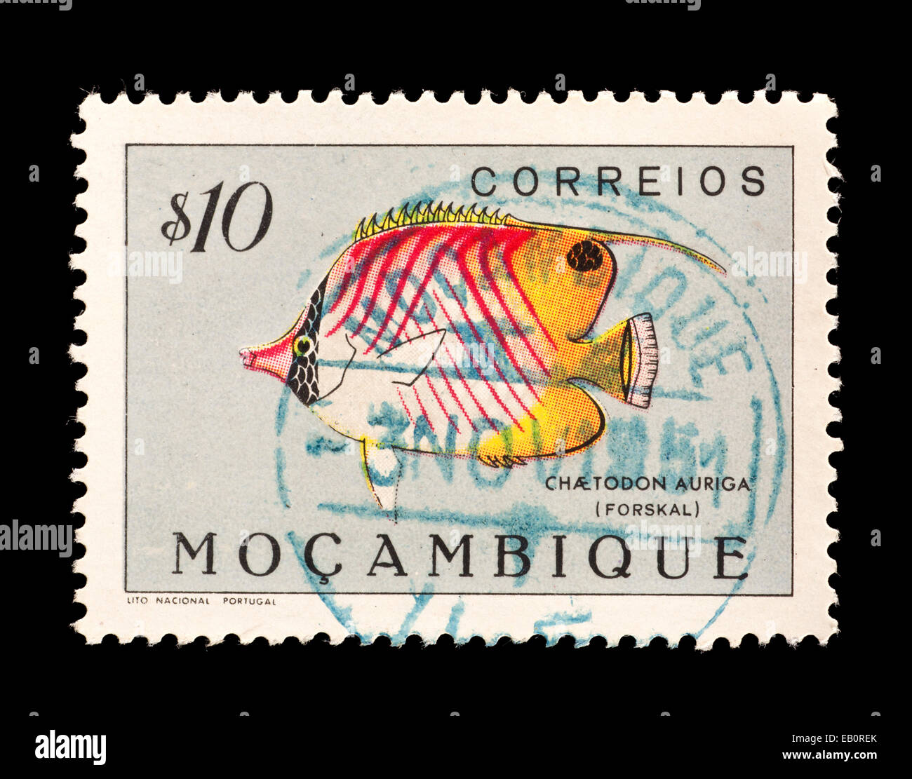Postage stamp from Mozambique depicting Auriga Butterflyfish (Chaetodon auriga) Stock Photo
