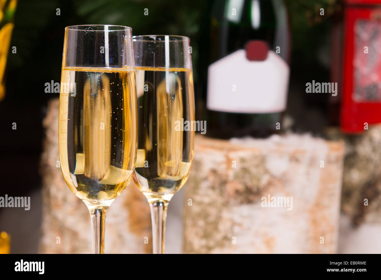Close up Conceptual Glasses of Champagne on Elegant Flute Glasses with