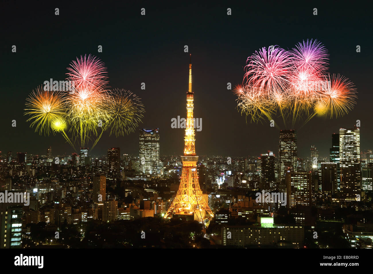 Fireworks celebrating over Tokyo cityscape at night, Japan Stock Photo ...
