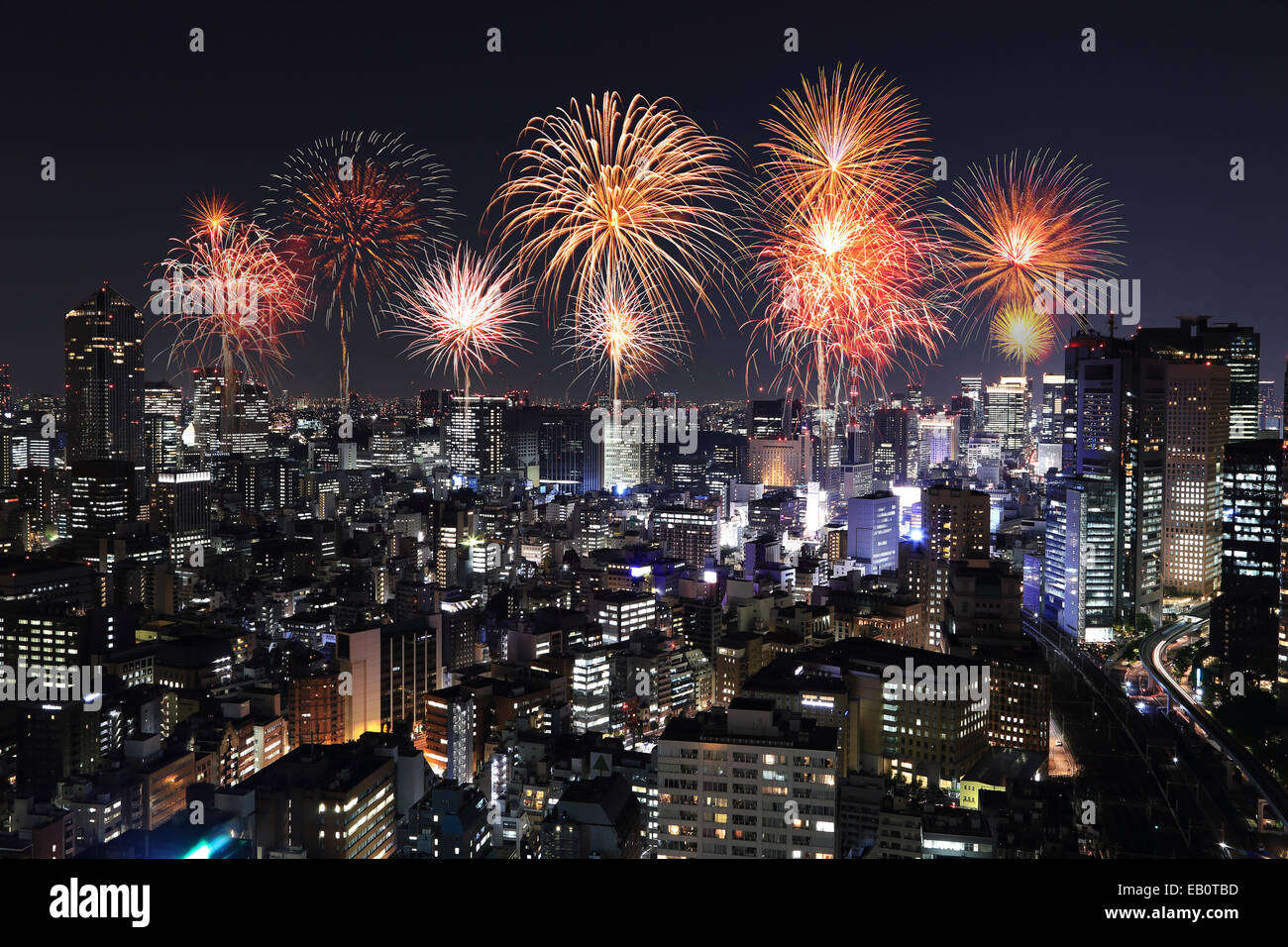 Fireworks celebrating over Tokyo cityscape at night of Japan Stock ...