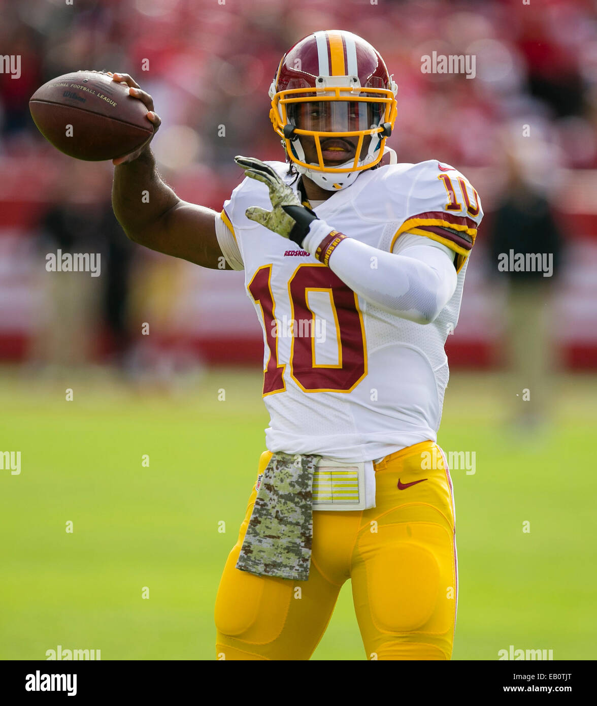 San Francisco, California, USA. 23rd Nov, 2014. Washington Redskins quarterback Robert Griffin III (10) warms up prior to the NFL football game between the Washington Redskins and the San Francisco 49ers at Levi's Stadium in San Francisco, CA. Credit: Damon Tarver/Cal Sport Media/Alamy Live News Stock Photo