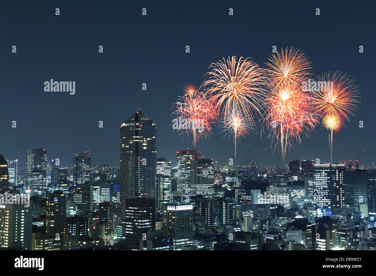 Fireworks celebrating over Tokyo cityscape at night of Japan Stock ...
