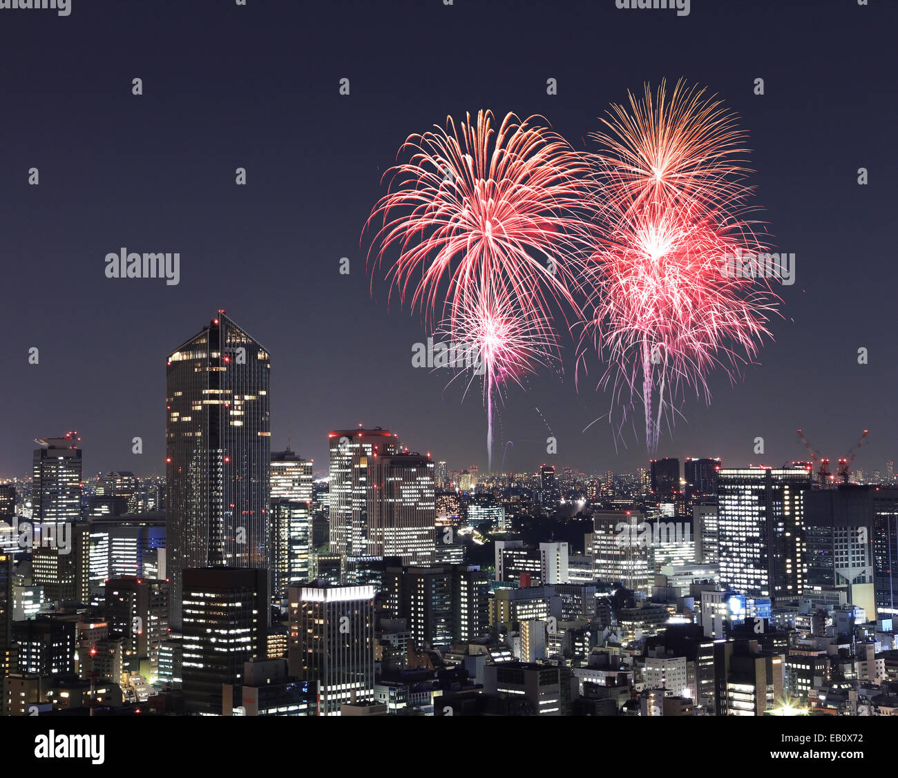 Fireworks celebrating over Tokyo cityscape at night of Japan Stock ...