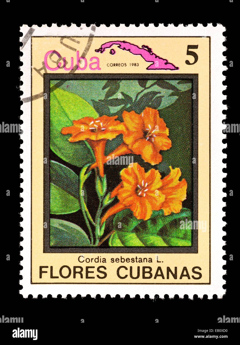 Postage stamp from Cuba depicting the flowers of the Orange Geiger Tree (Cordia sebestena) Stock Photo