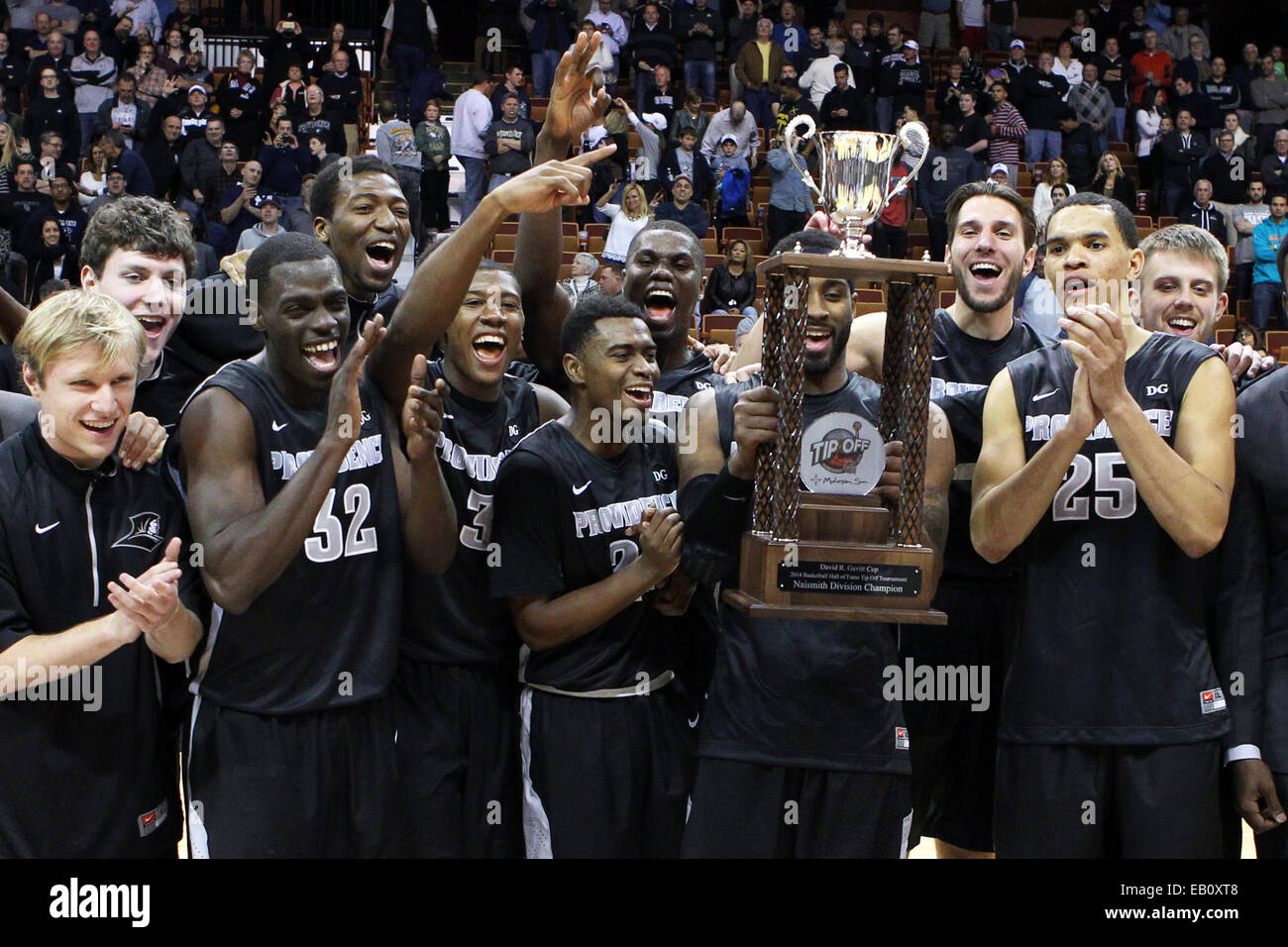 Mohegan Sun Arena. 23rd Nov, 2014. Providence Friars celebrate after defeating the Notre Dame
