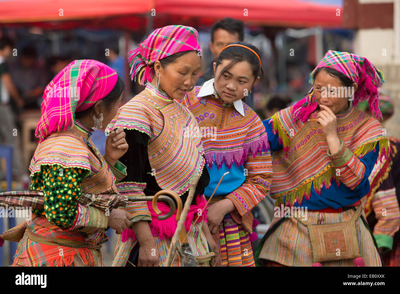 Flower Hmong women gathering at BacHa market in Vietnam Stock Photo