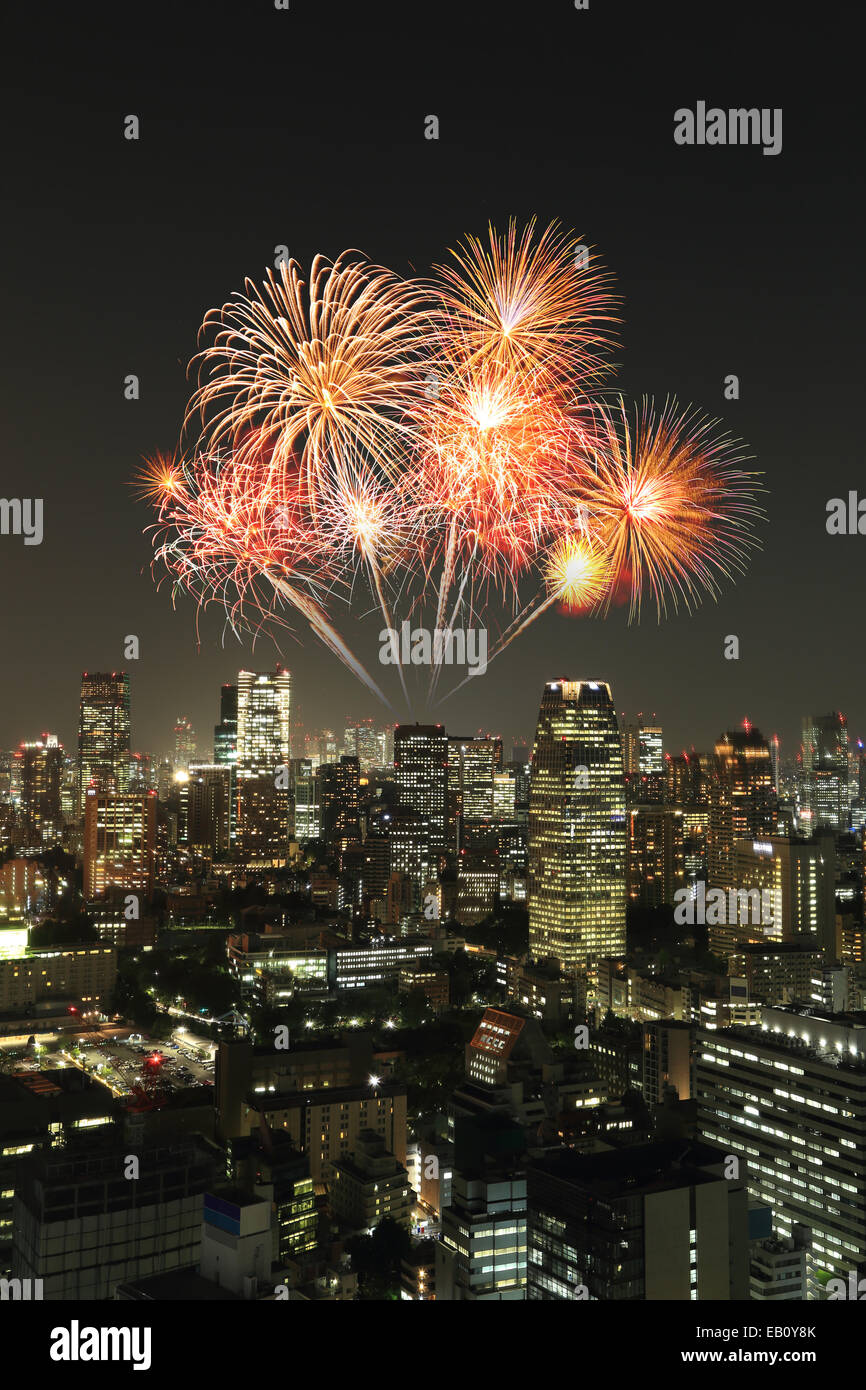 Fireworks celebrating over Tokyo cityscape at night of Japan Stock ...