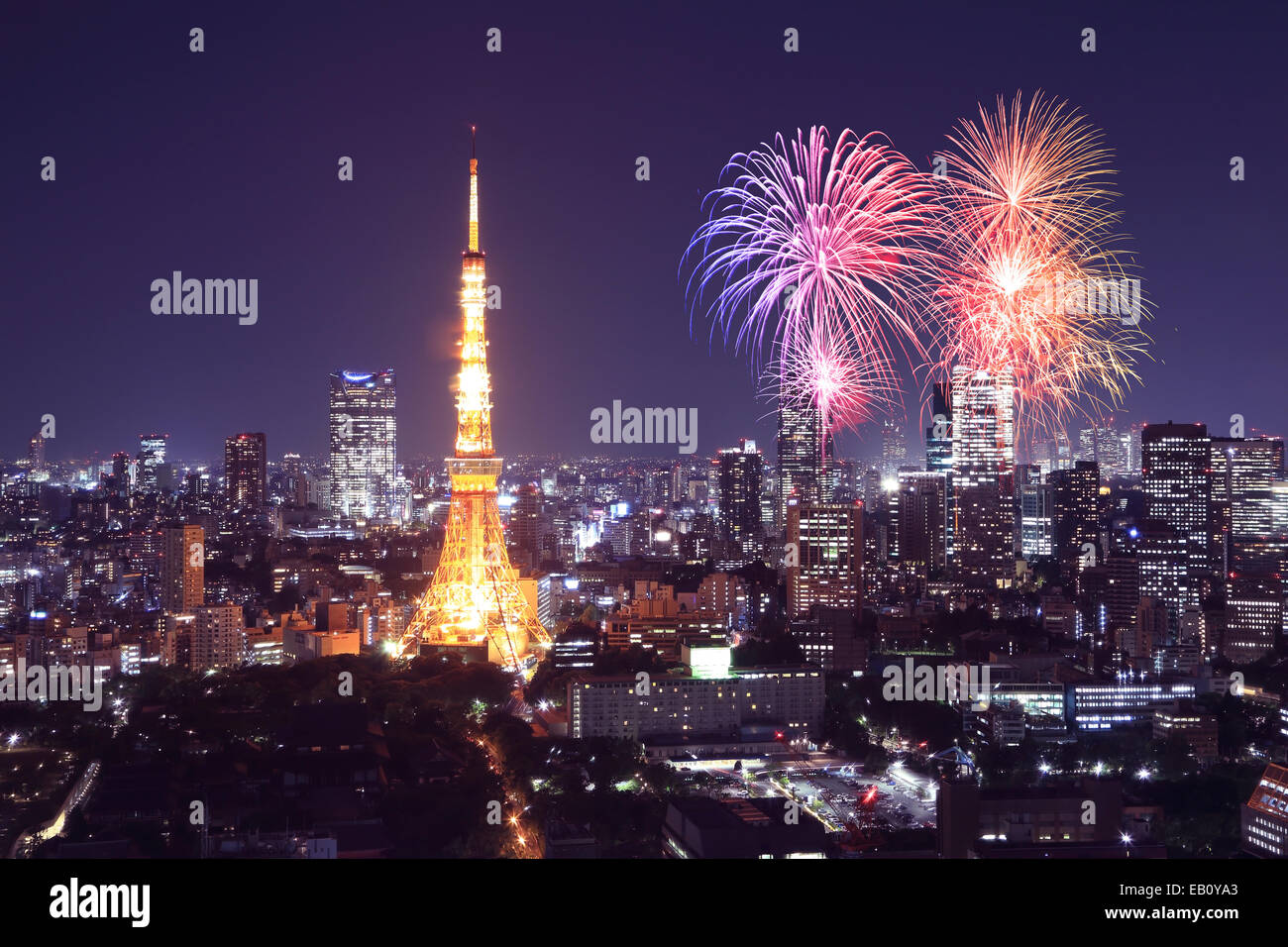 Fireworks celebrating over Tokyo cityscape at night, Japan Stock Photo ...