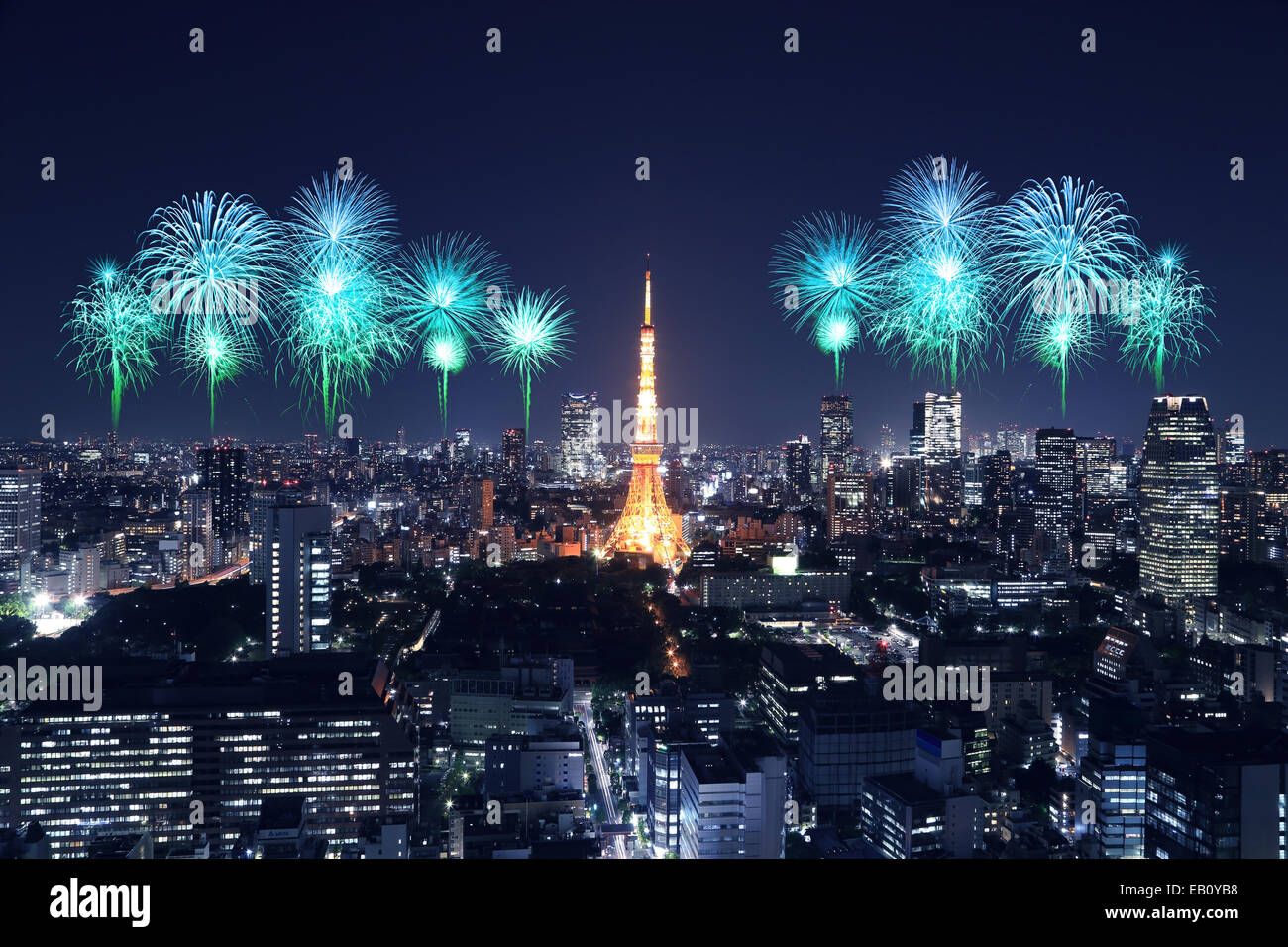 Fireworks celebrating over Tokyo cityscape at night, Japan Stock Photo ...