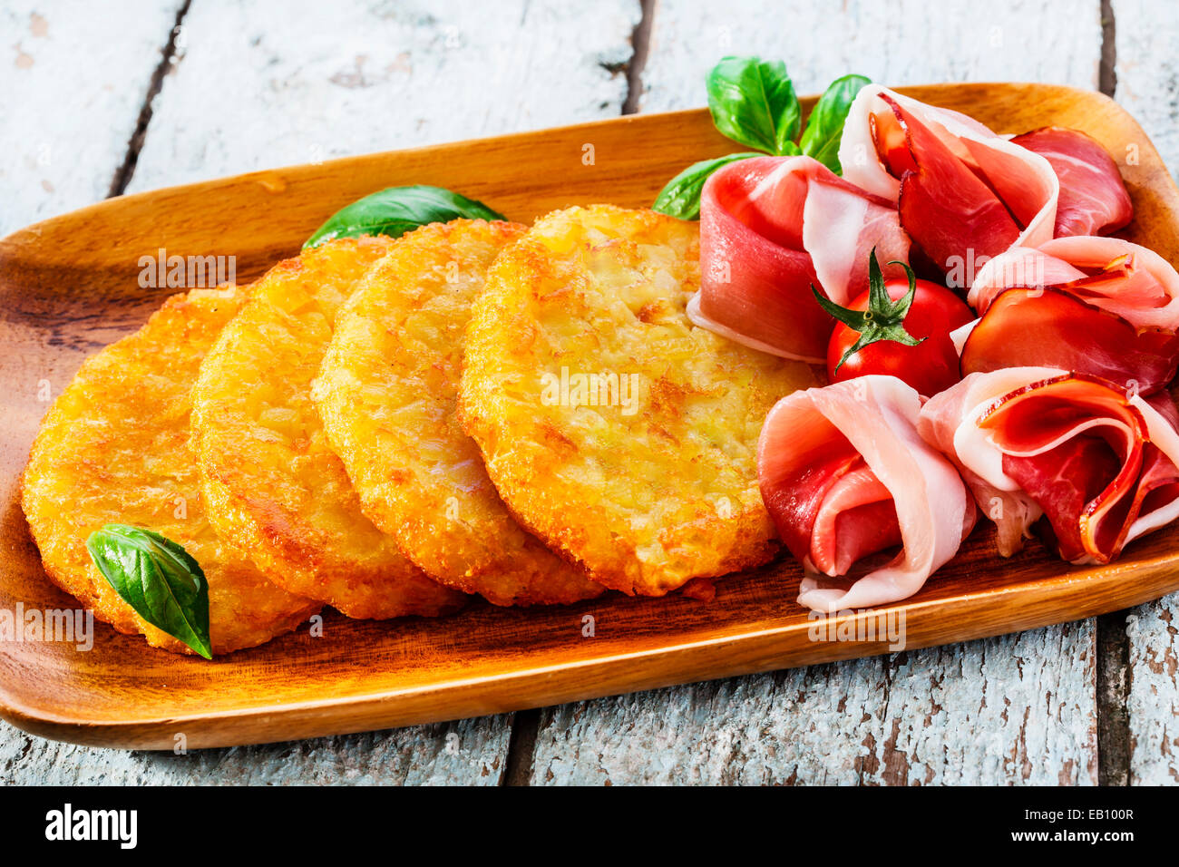 potato pancakes with pancetta prosciutto Stock Photo