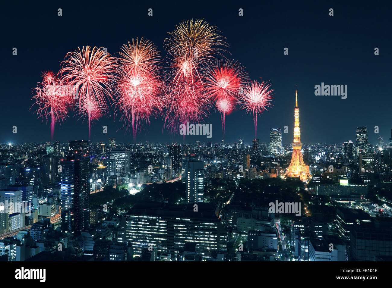 Fireworks celebrating over Tokyo cityscape at night, Japan Stock Photo ...