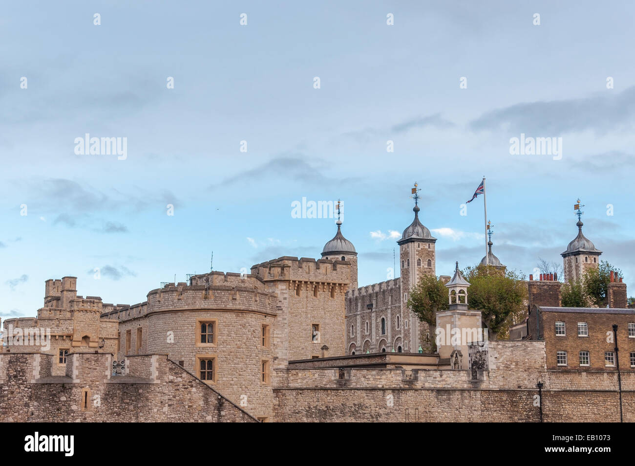 Closeup of Tower of London architecture at sunset, UK Stock Photo