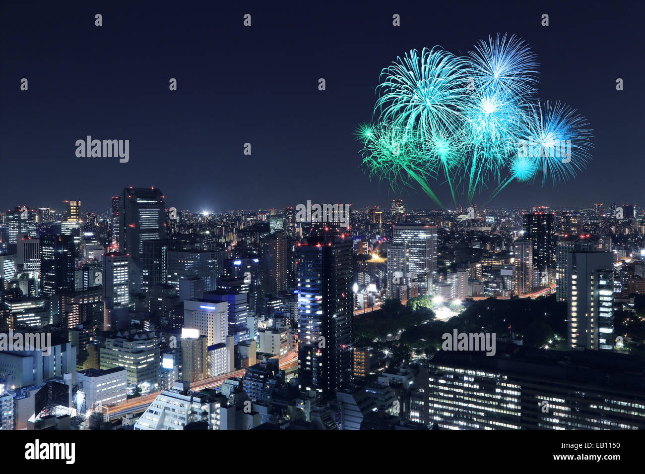 Fireworks celebrating over Tokyo cityscape at night of Japan Stock ...