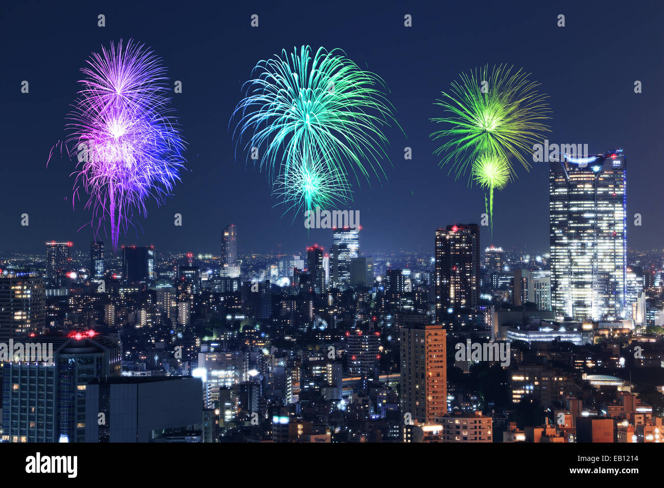 Fireworks celebrating over Tokyo cityscape at night of Japan Stock ...