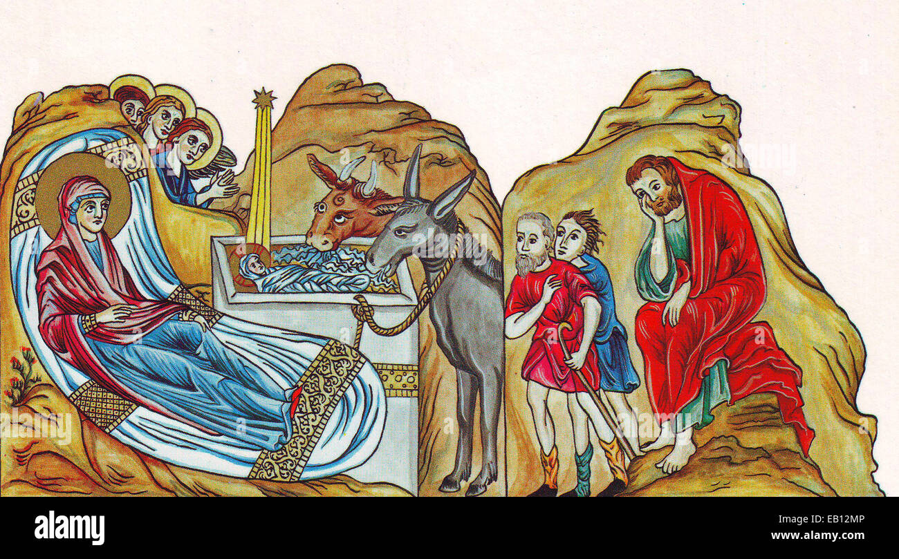Nativity of Christ - medieval illustration from the Hortus deliciarum of Herrad of Landsberg (12th century) Stock Photo