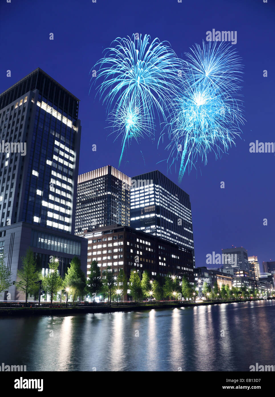 Fireworks celebrating over Tokyo cityscape at night of Japan Stock ...