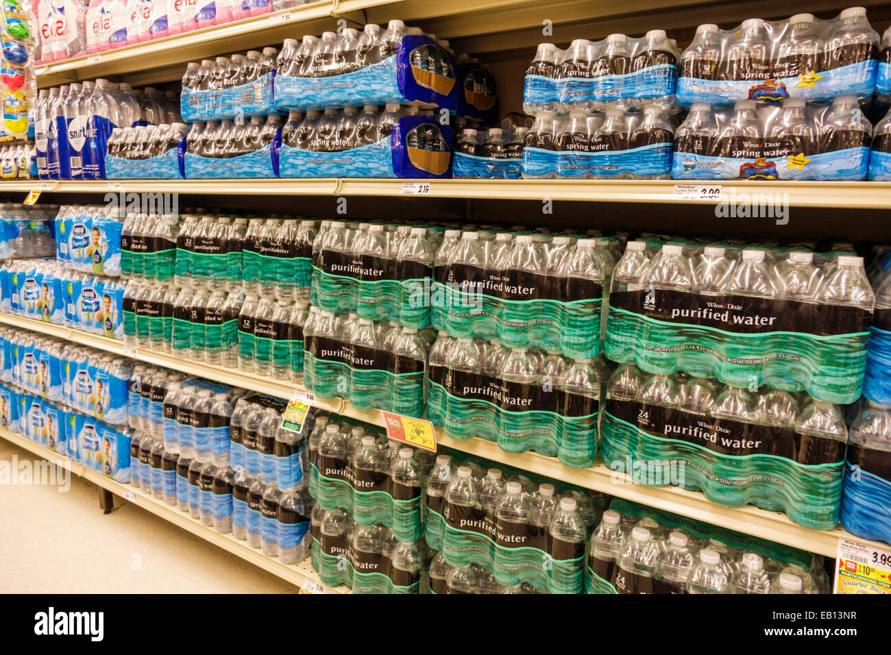 Daytona Beach Florida,Winn grocery store,supermarket,interior inside,product products display sale,shelf shelves shelving,bottles,bottled water,visito Stock Photo