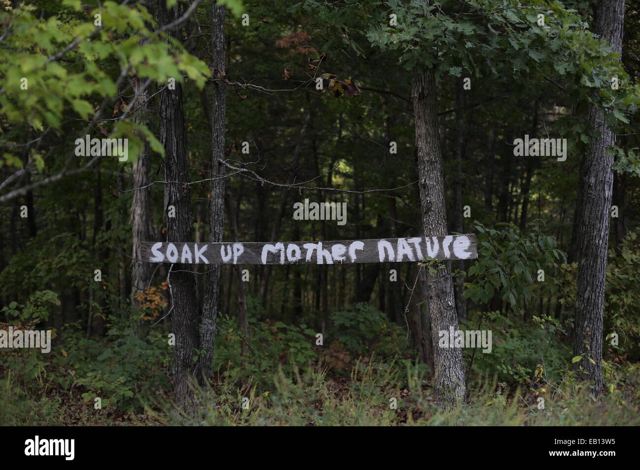 A sign in a forest at Top of the Rock in Branson, Missouri,  reading 'Soak up mother nature'. Stock Photo