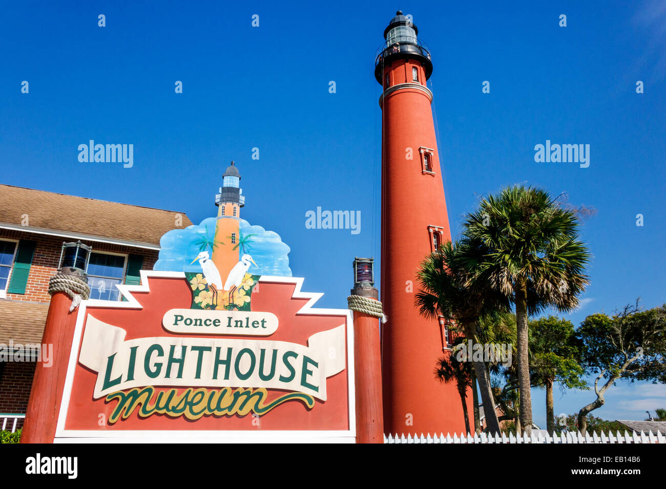 Daytona Beach Florida,Ponce de Leon Inlet water Light,lighthouse,museum,sign,logo,visitors travel traveling tour tourist tourism landmark landmarks cu Stock Photo