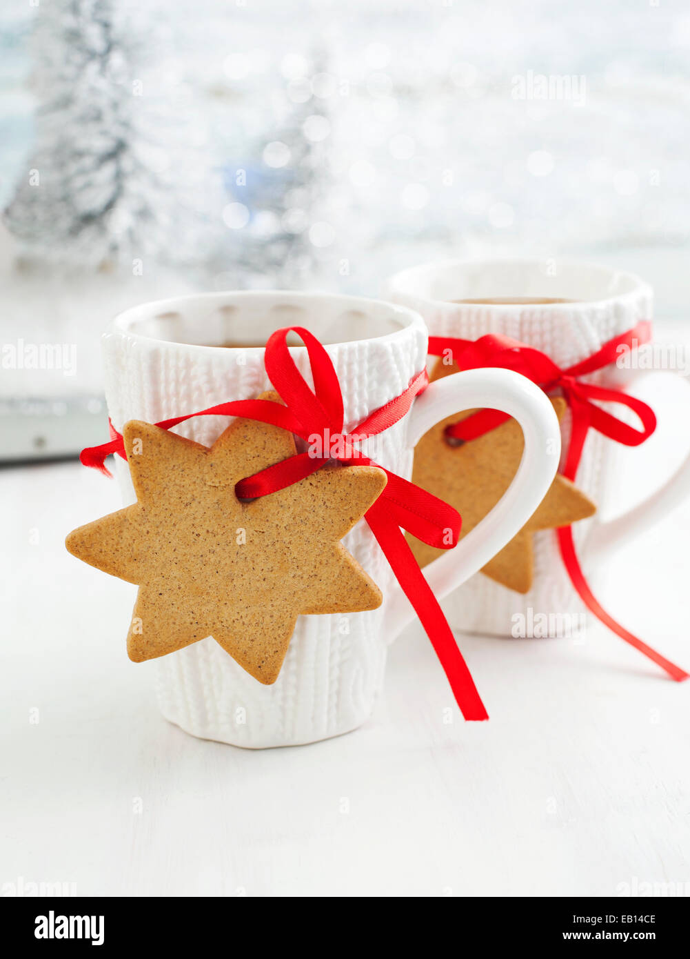 Two cups of hot tea and gingerbread Stock Photo