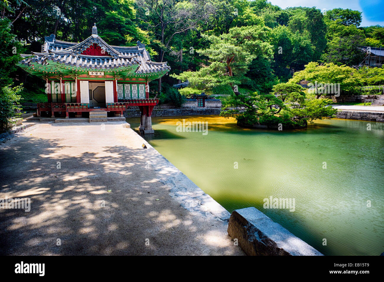 Buyongjeong Pavilion with a Pond, Huwon Area, Secret Garden, Changdeokgung Palace Complex, Seoul, South Korea Stock Photo