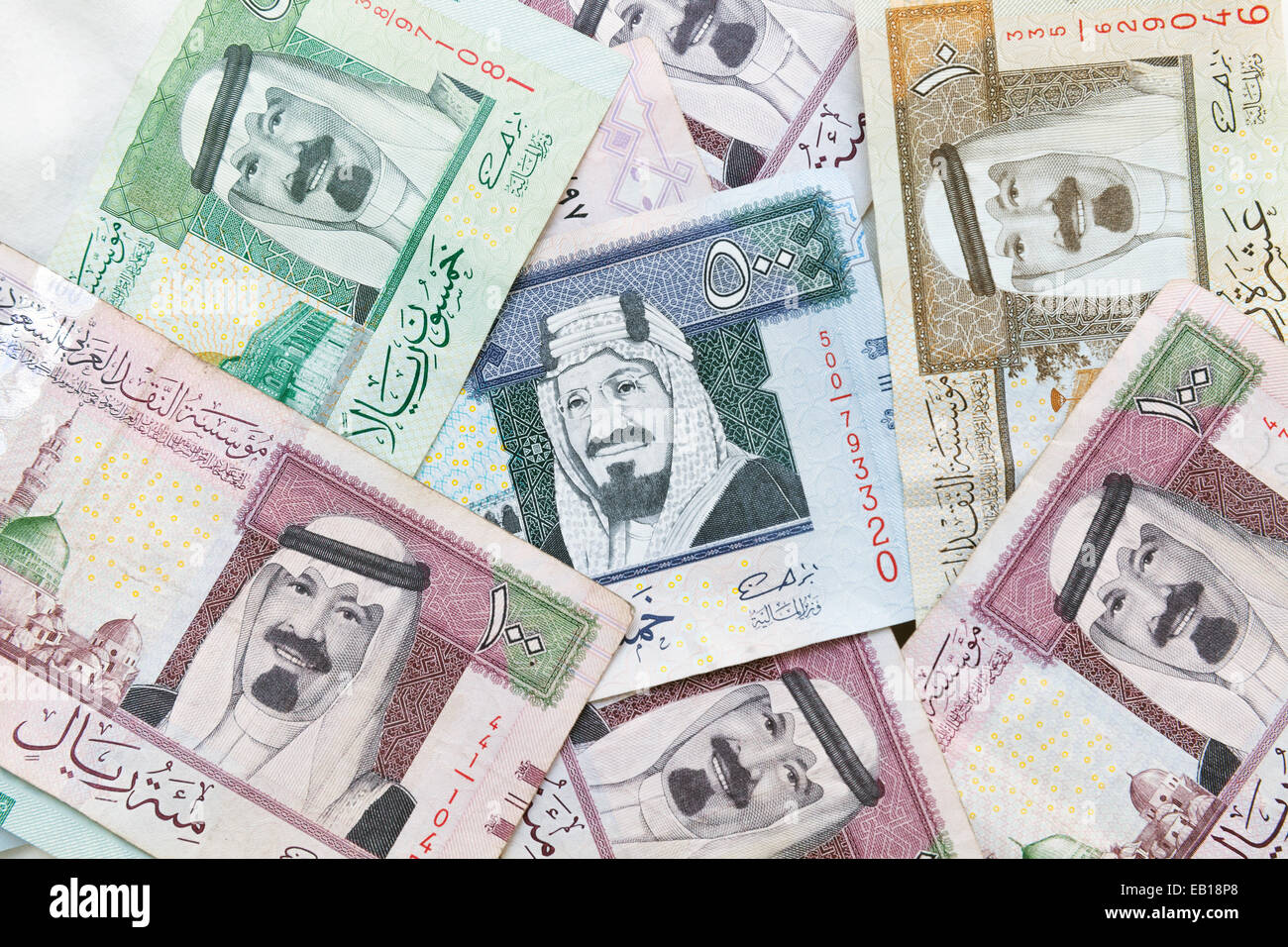 Modern Saudi Arabia money, banknotes closeup background photo texture Stock Photo