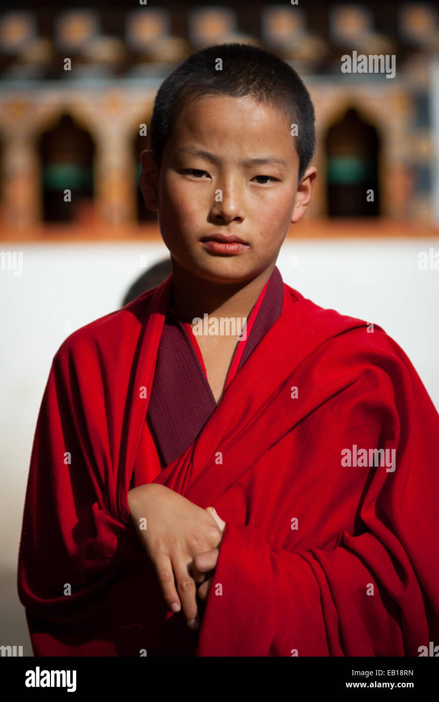 Young Bhutanese Buddhist monk at Paro Dzong, Bhutan Stock Photo