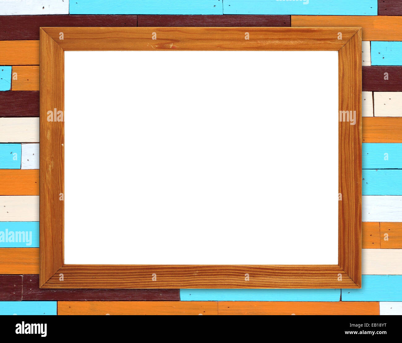 blank wood frame on colorful wood wall background Stock Photo - Alamy
