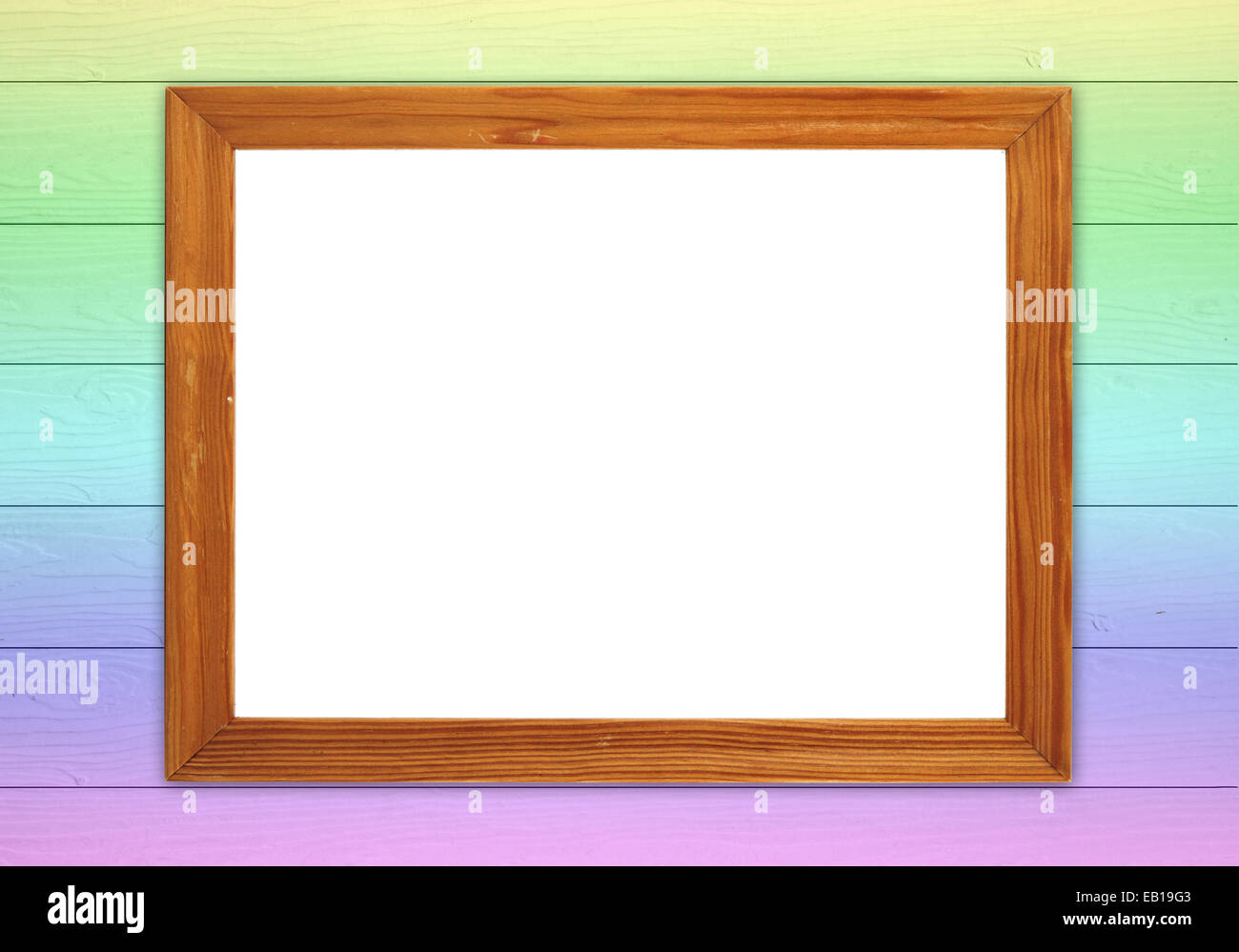 blank wood frame on colorful wood wall background Stock Photo - Alamy