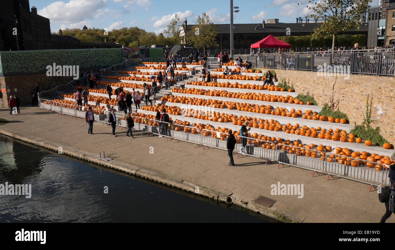 Canalside steps Kings Cross London with rows of pumpkins during living