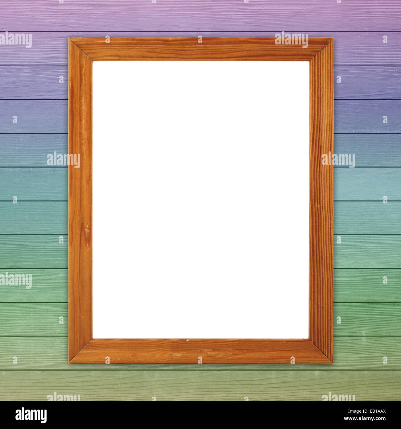 blank wood frame on colorful wood wall background Stock Photo - Alamy