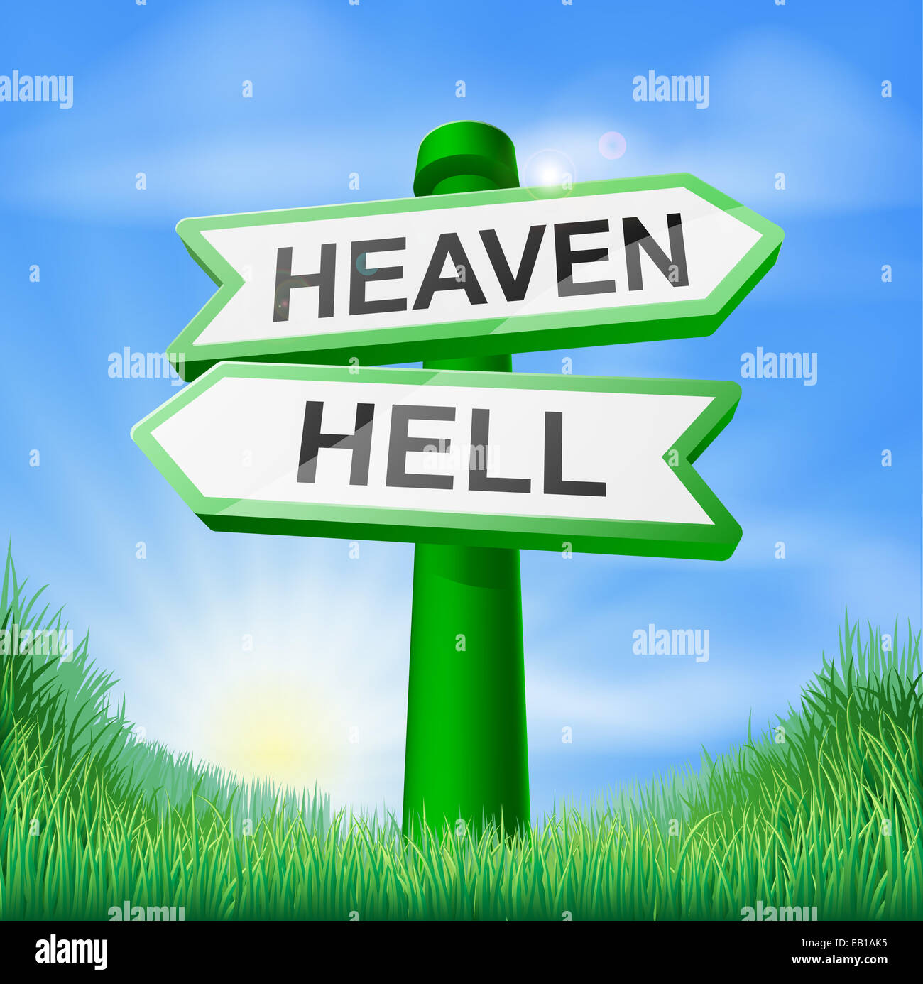 Heaven or Hell sign in a sunny green field of lush grass Stock Photo