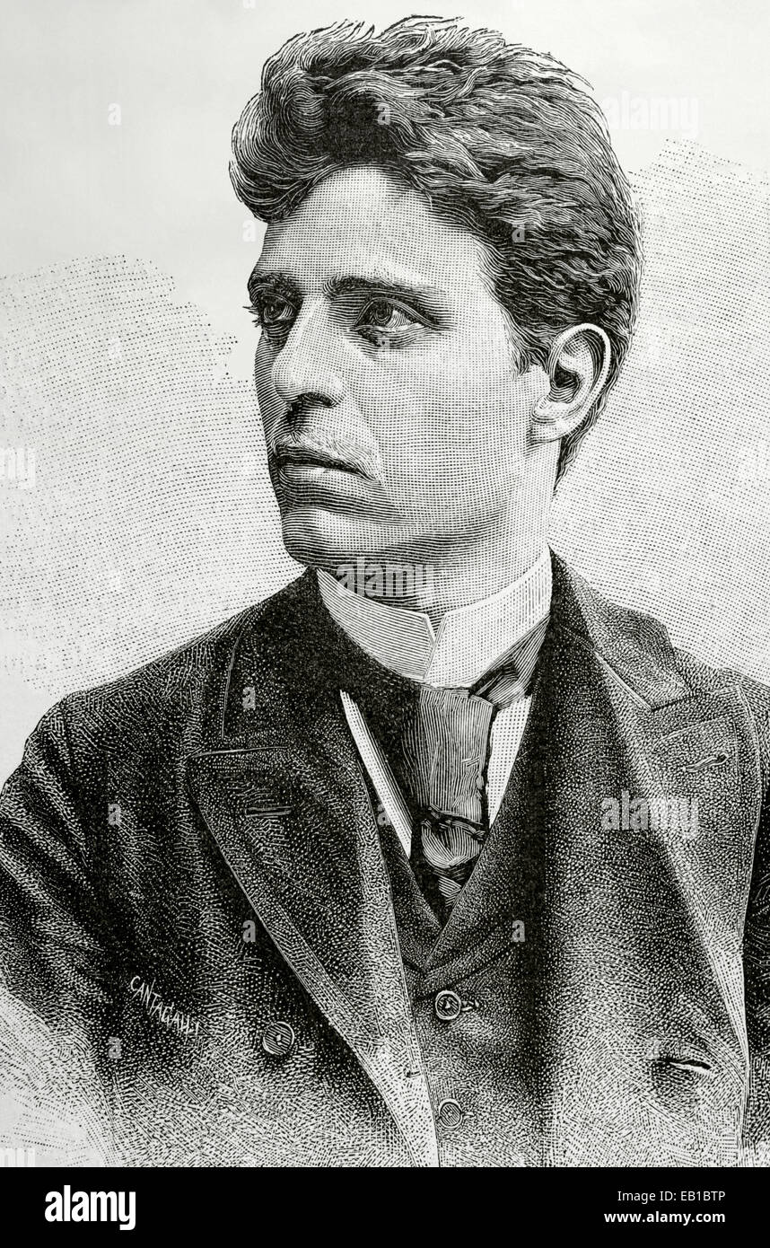 Pietro Mascagni (1863-1945). Italian composer. Portrait. Engraving by La Ilustracion Espanola. 19th century. Stock Photo