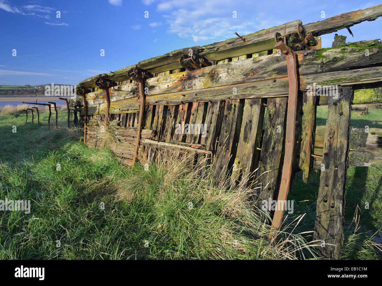 Remains of old wooden ship, Dispatch. Beached at Purton to help prevent the River Severn eroding into the Gloucester Sharpness C Stock Photo