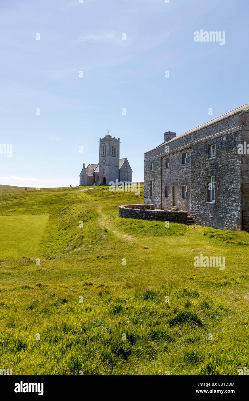 Looking past Old House North towards the Church on Lundy island Stock Photo