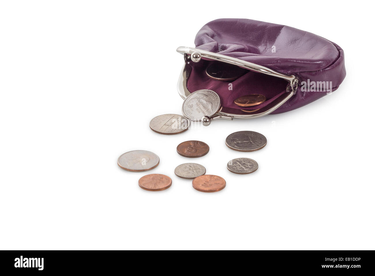 Open Purple leather purse with dollar coins isolated on white ...