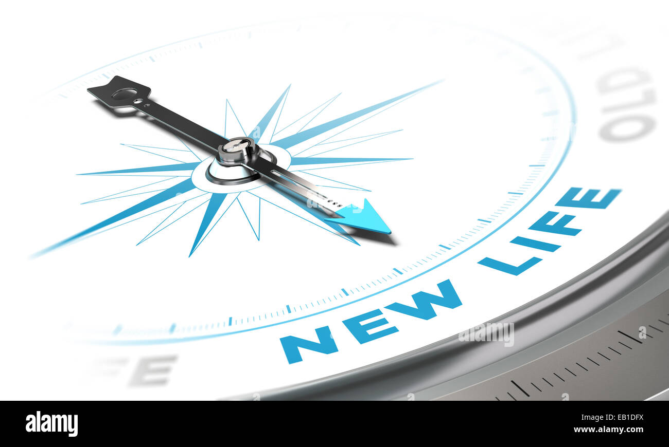 New life background concept. Compass needle pointing a blue word, decorative image suitable for left bottom angle of a page. Stock Photo