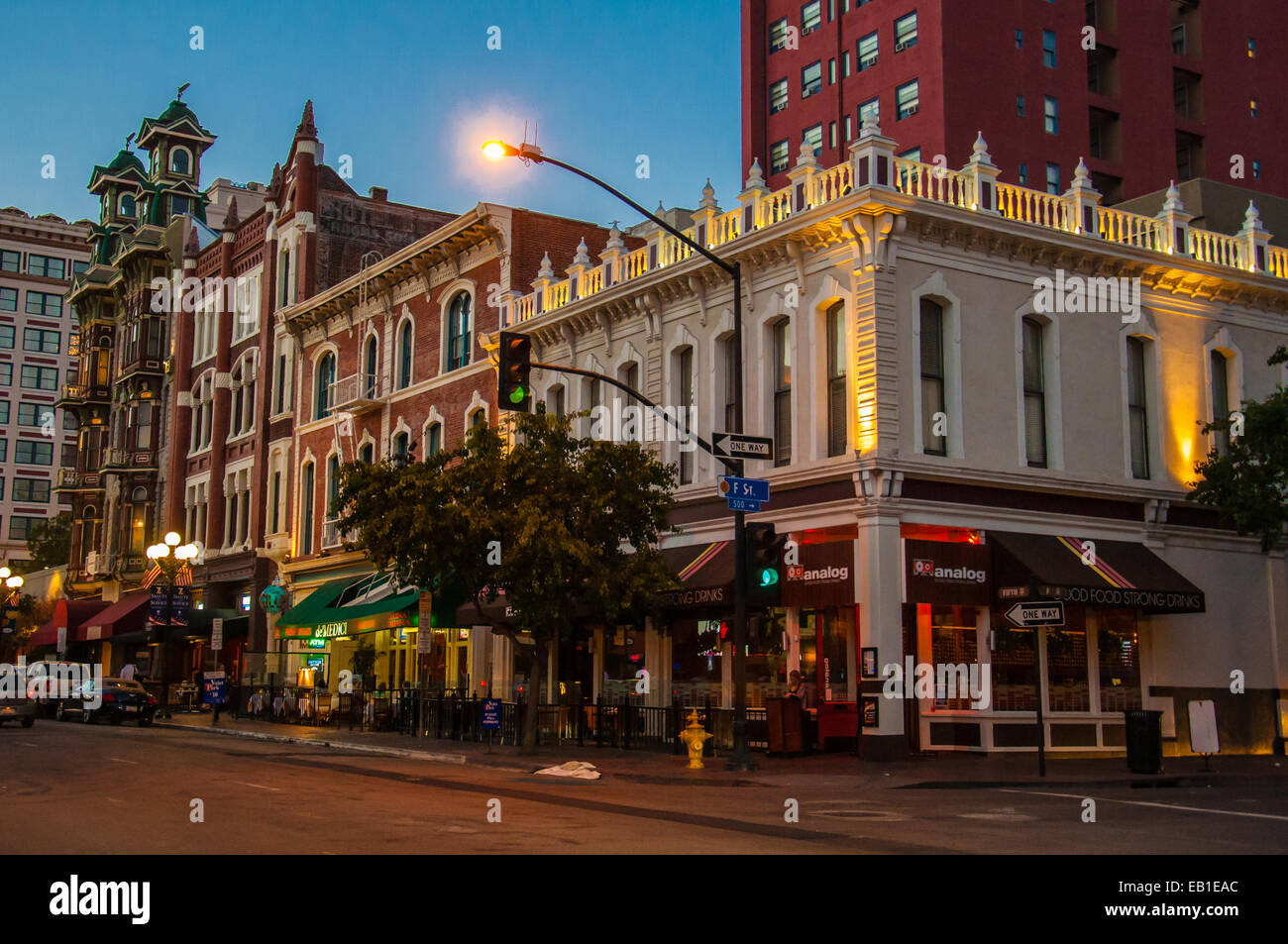 Nightlife, shops and restaurants on Fifth Avenue in the Gaslamp Quarter Historic District in downtown San Diego, California Stock Photo