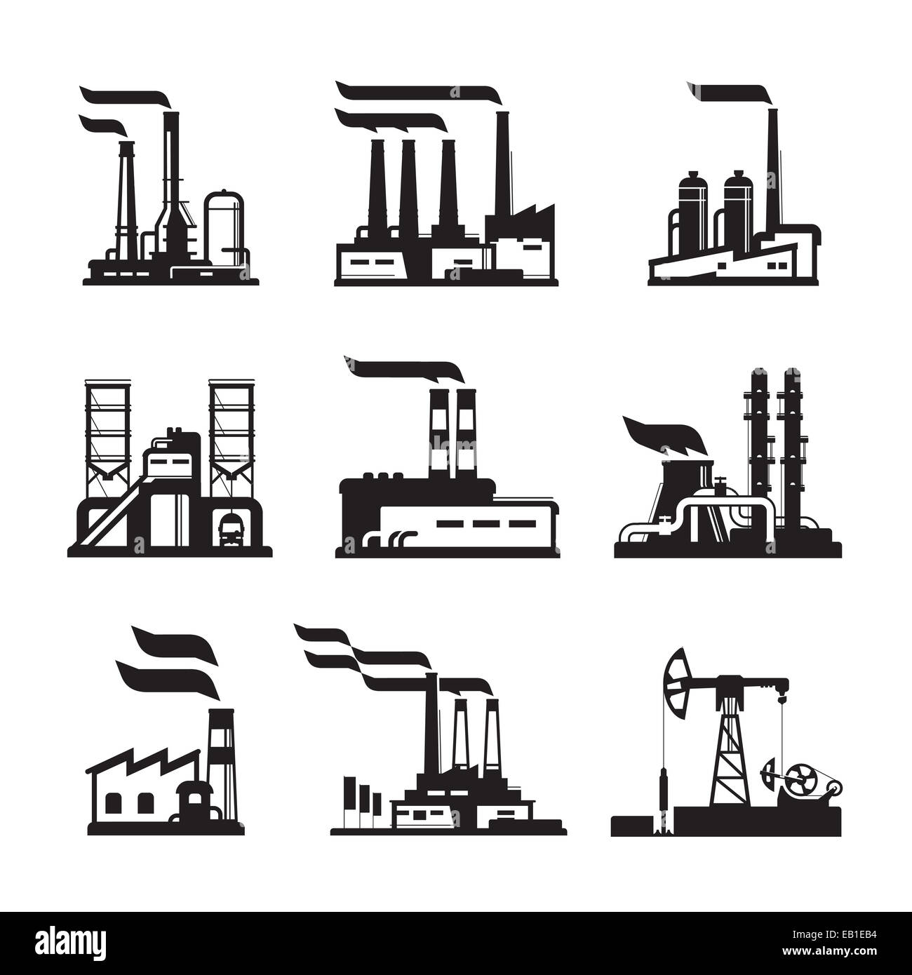 black factory icons set. Industrial buildings, nuclear plants and factories Stock Photo