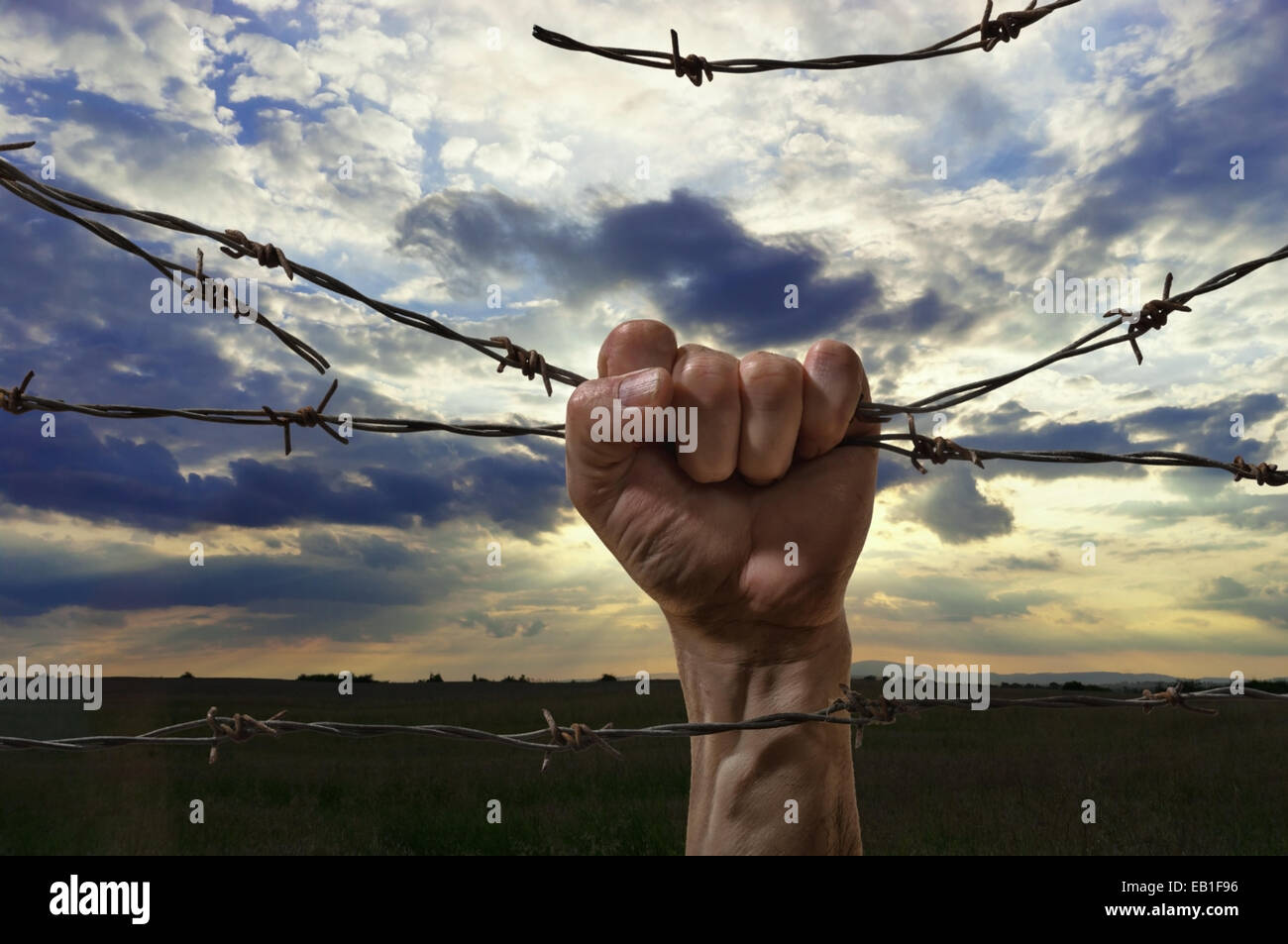 hand behind barbed wire with sunset in the background Stock Photo