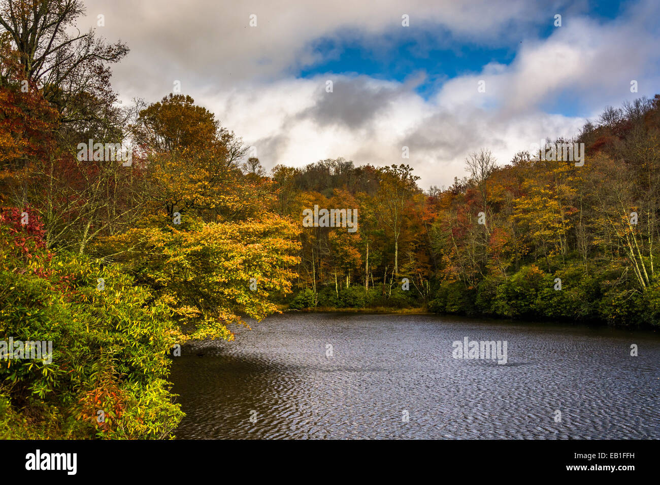 Autumn color and pond at Julian Price Park, near Blowing Rock, North Carolina. Stock Photo