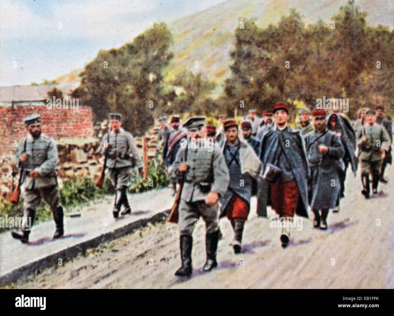 A contemporary German colorized propaganda photo shows French troops taken prisoner by the Germans after the occupation of Fort Montmedy and the battle of Brandeville on 29 August 1914. Photo: Neumann Archive - NO WIRE SERVICE Stock Photo
