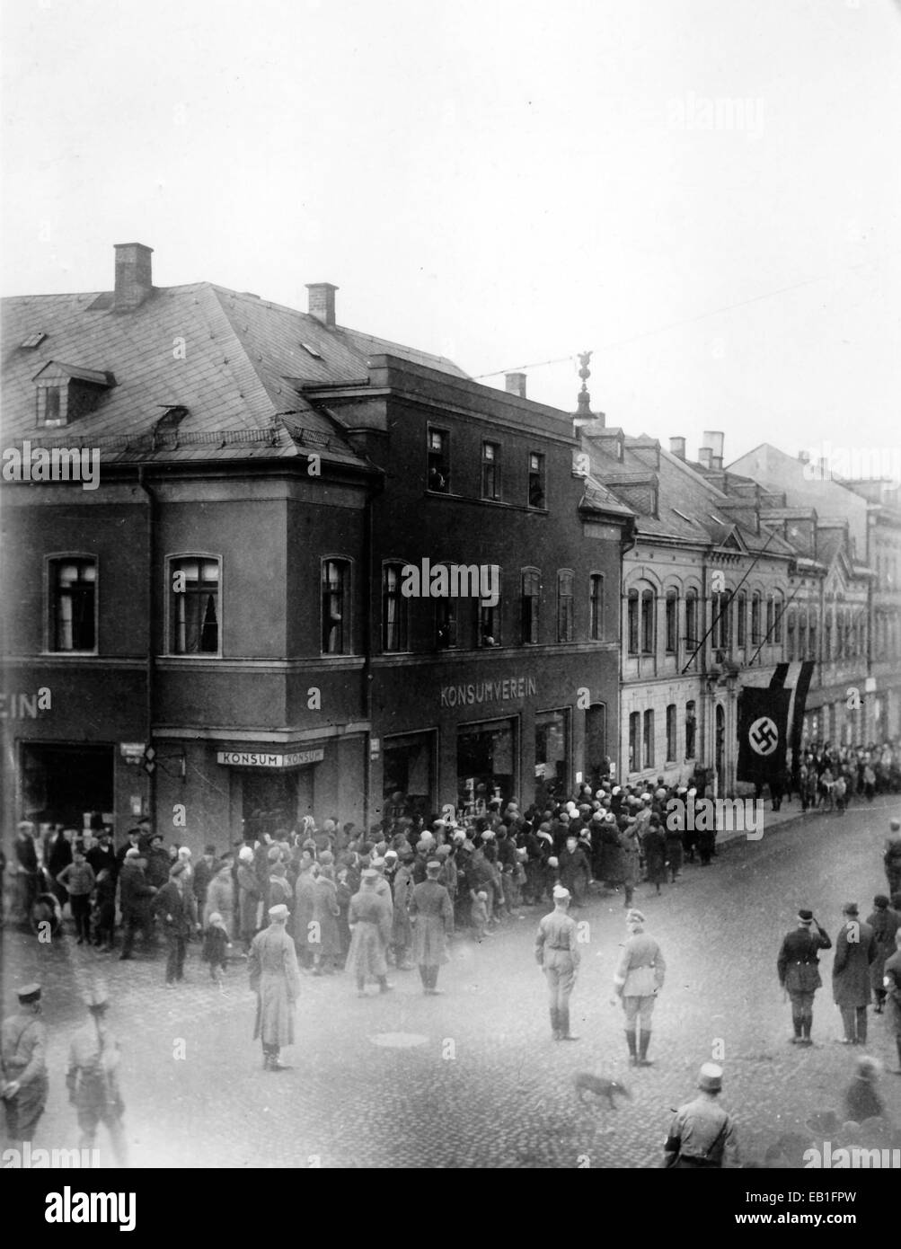 The swastica is raised outside of the Reich Bank Building in Falkenstein near Auerbach, Germany, 05 March 1933. Fotoarchiv für Zeitgeschichte - NO WIRE SERVICE Stock Photo