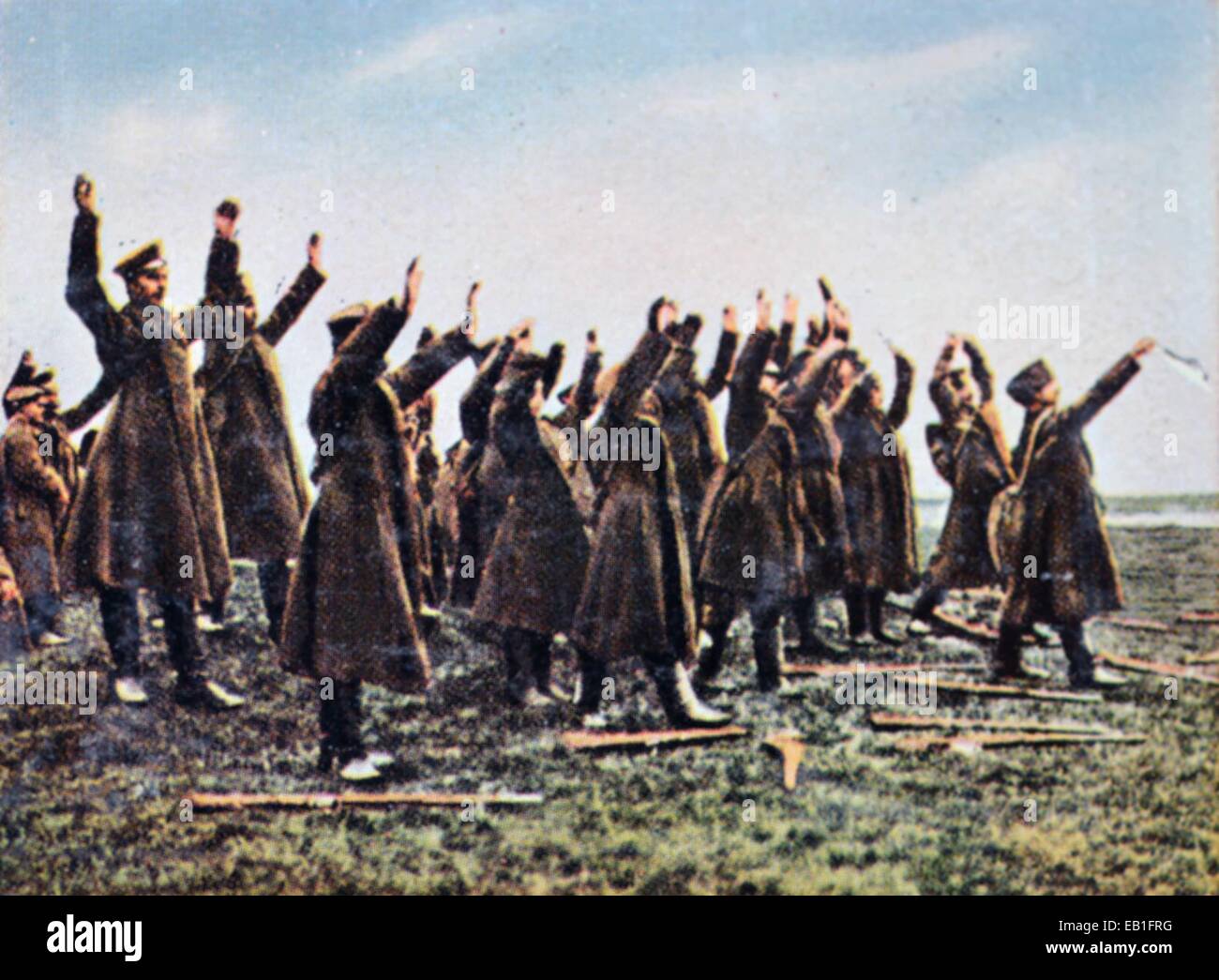 A contemporary German colorized propaganda photo shows  Russian soldiers during their capitulation, date unknown (1914-1918). Photo: Neumann Archive - NO WIRE SERVICE Stock Photo