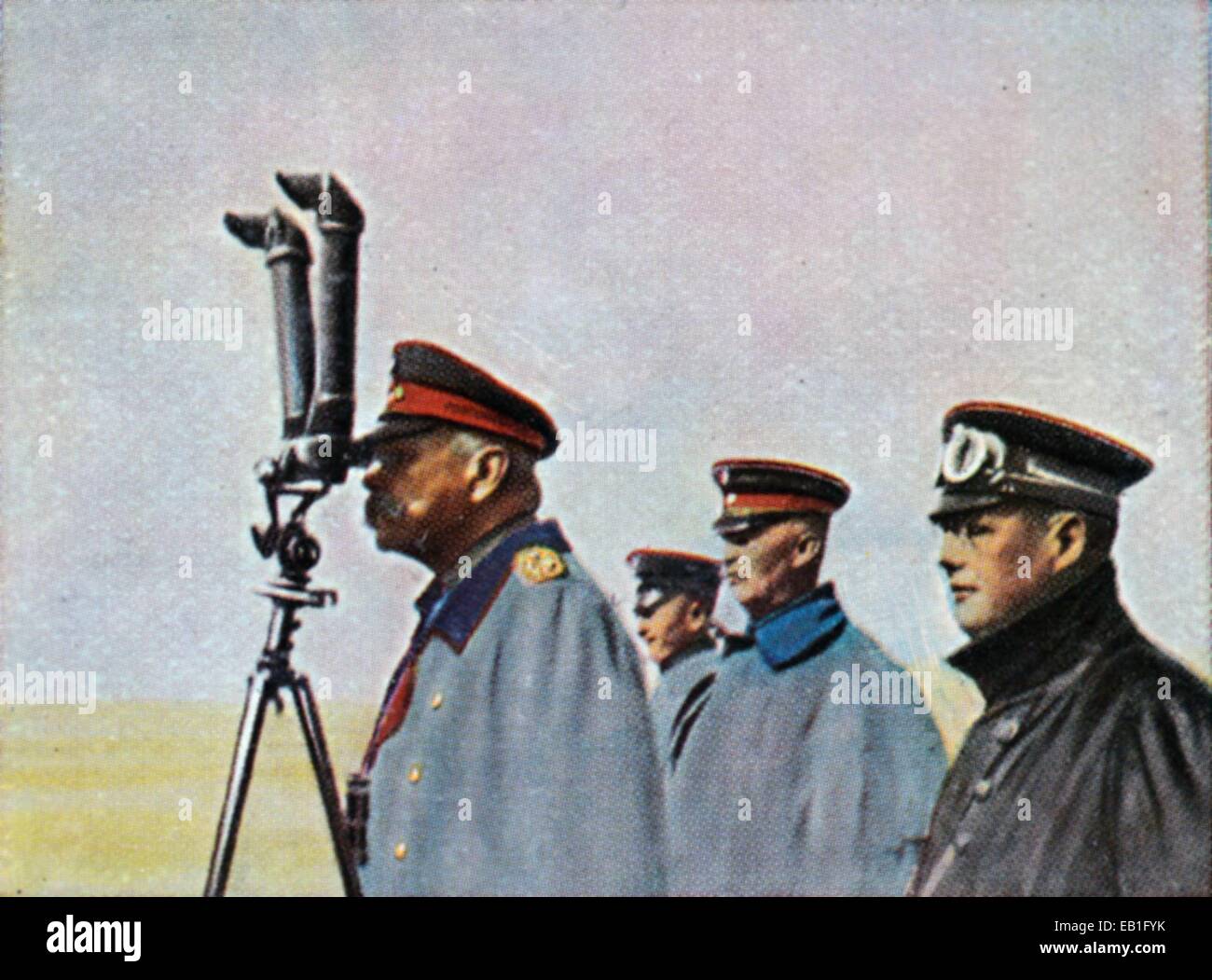 A contemporary German colorized propaganda photo shows General Field Marshal Paul von Hindenburg (looking into the binoculars), General Erich Ludendorff (B) and Colonel Max Hoffmann, date and location unknown (1914-1918). Photo: Neumann Archive - NO WIRE SERVICE Stock Photo