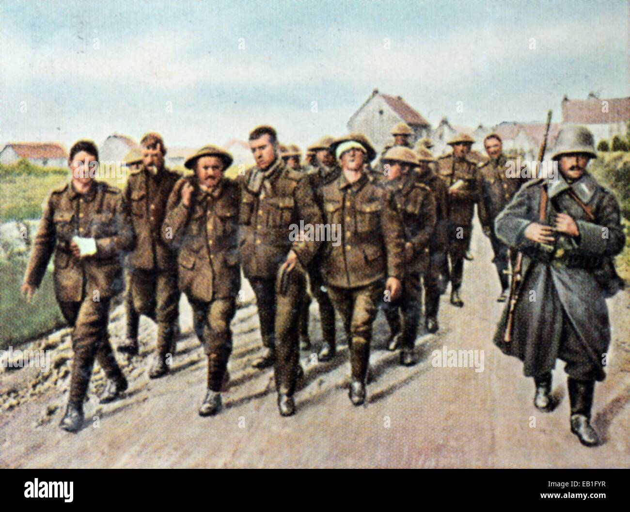 The contemporary colorized German propaganda photo shows wounded English soldiers after they were taking prisoner by the German troops during the Battle of the Somme in 1916. Photo: Neumann Archive - NO WIRE SERVICE Stock Photo
